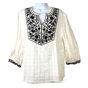 Garnet Hill Women L White Cotton Black Embroidered V-Neck 3/4 Sleeve Tunic NWT
